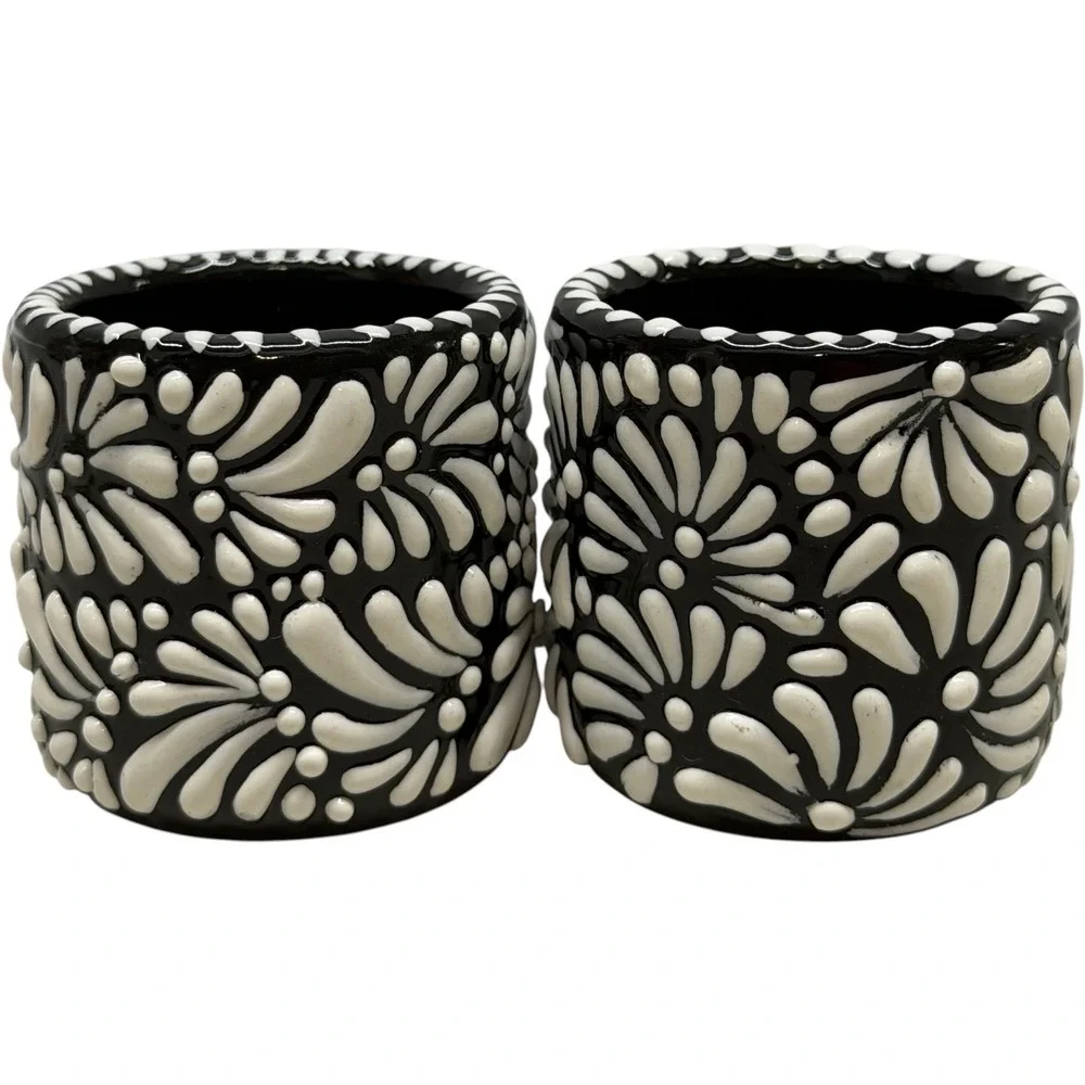 Handmade Talavera Shot Glasses Black White Floral Ceramic Set of 4 Vintage Style